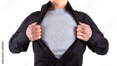Super hero man portrait against white background.