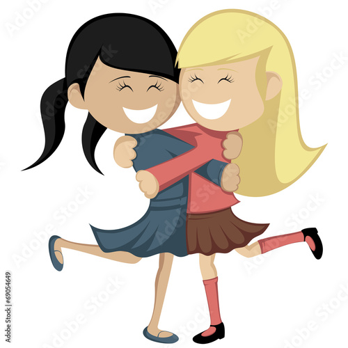 Hug collection - Lovely girlfriends are embracing and smiling.