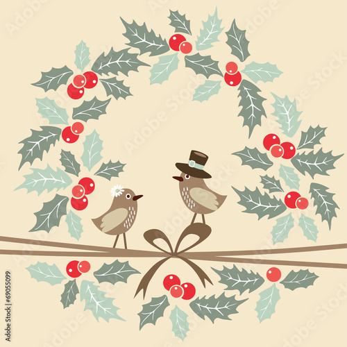 Retro christmas greeting card with birds and holly, vector