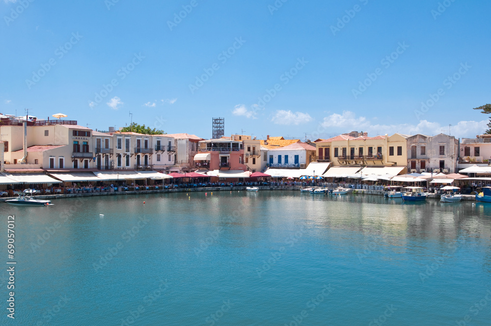 The old venetian harbour with restaurants. Crete in Greece.
