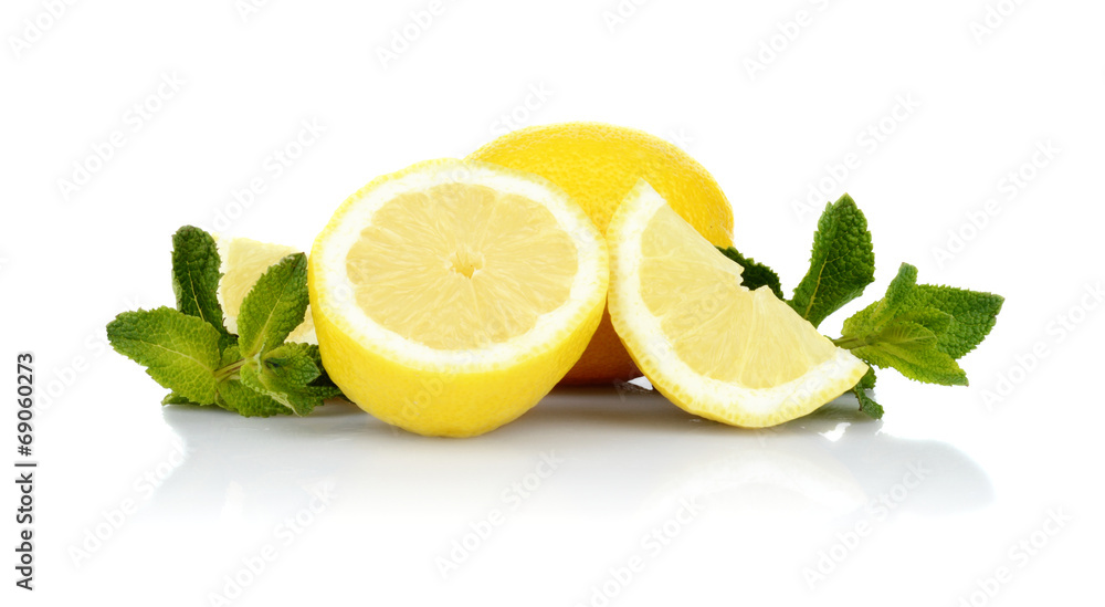 Three sliced lemons with mint isolated on a white background Three sliced lemons with mint isolated on a white background
