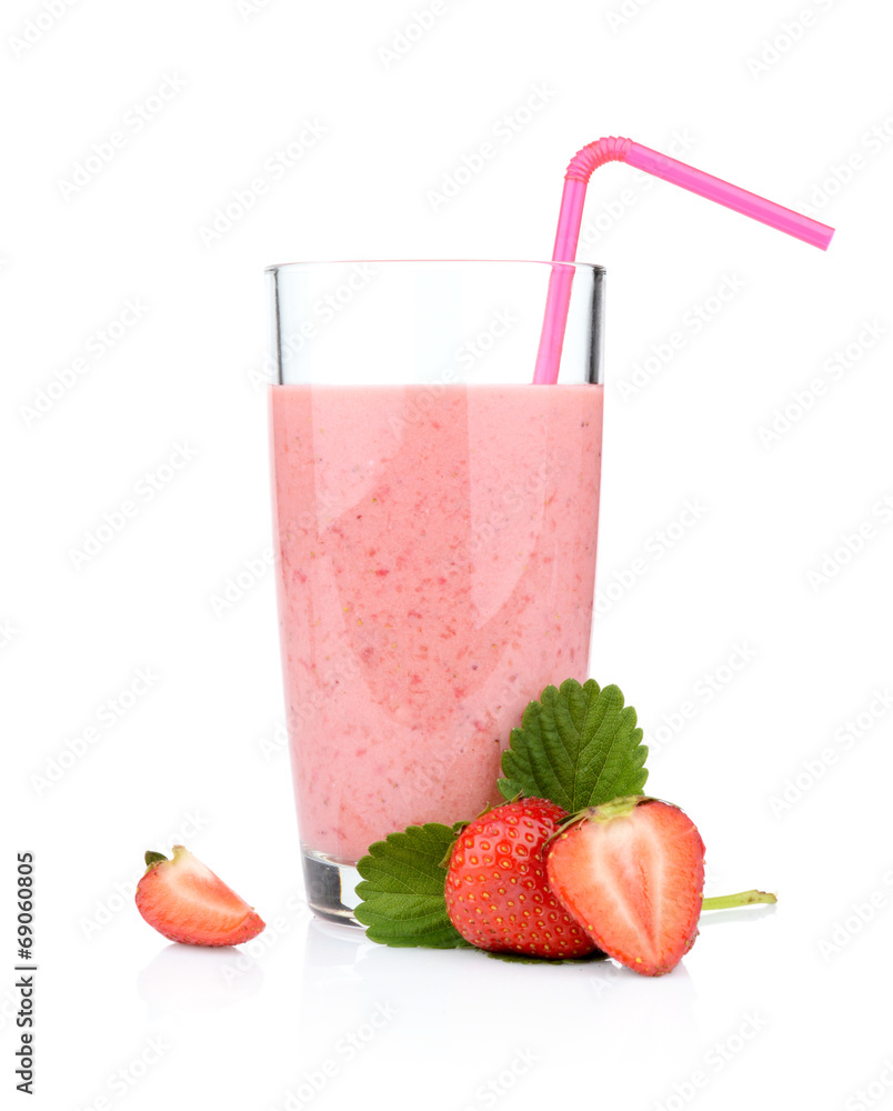 Several sliced strawberries with leaf,juice and straw isolated Several sliced strawberries with leaf,juice and straw isolated