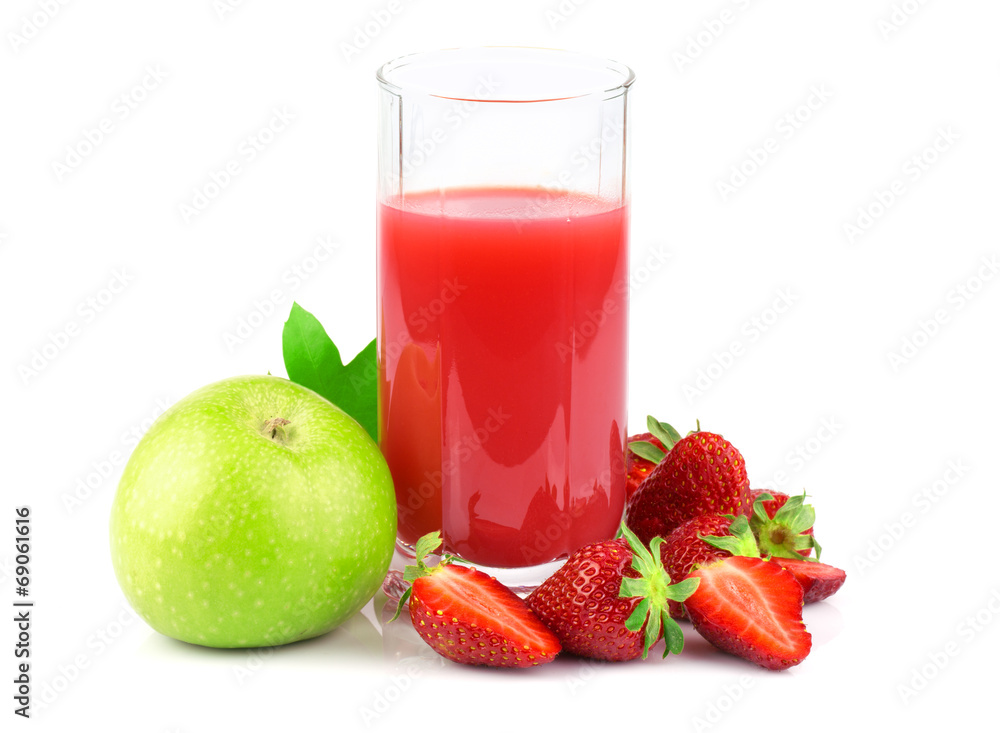 Apple and strawberry juice in glass with fruits Apple and strawberry juice in glass with fruits