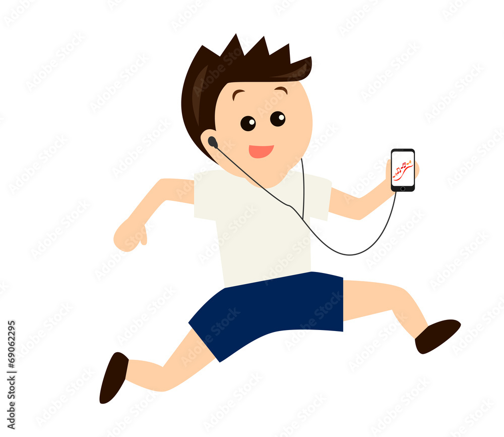 A young man jogging while listening to music