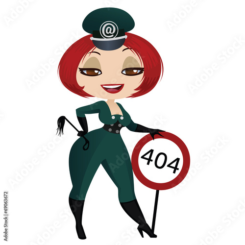 Pretty girl in uniform with a sign 404