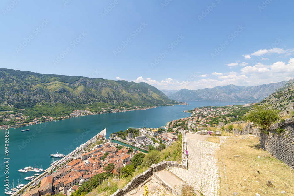 The old town of Kotor Bay and the mountains. Montenegro