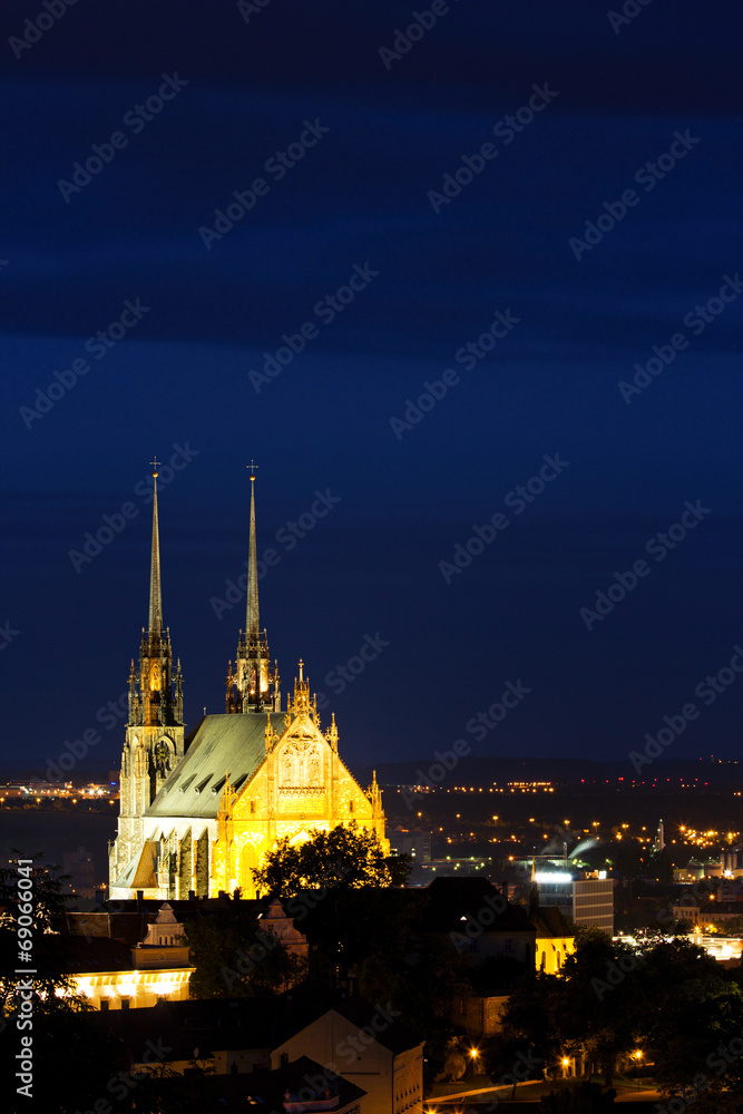 Illuminated St. Peter and Paul Cathedral at night, Brno