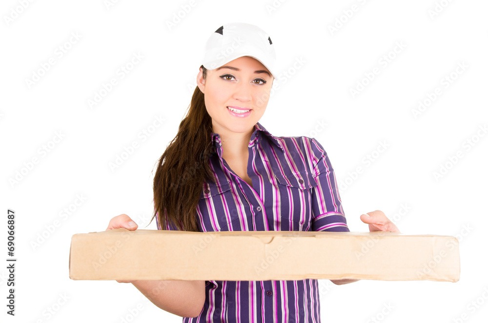 Young happy delivery woman holding package Young happy delivery woman holding package