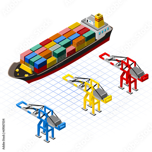 Isometric Ship with Cranes Vector Illustration