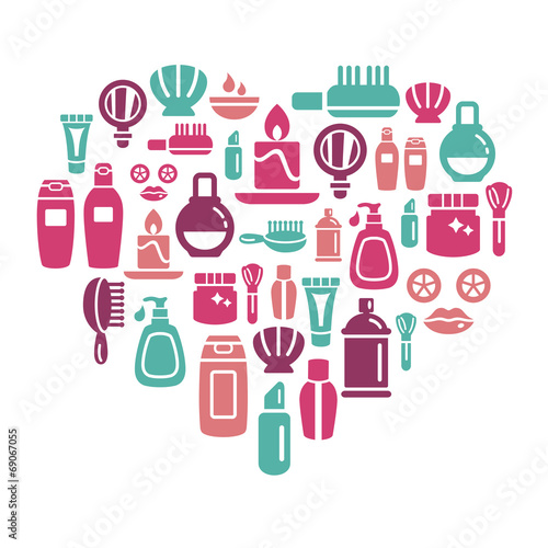 Beauty and Cosmetic Icons in Heart Shape