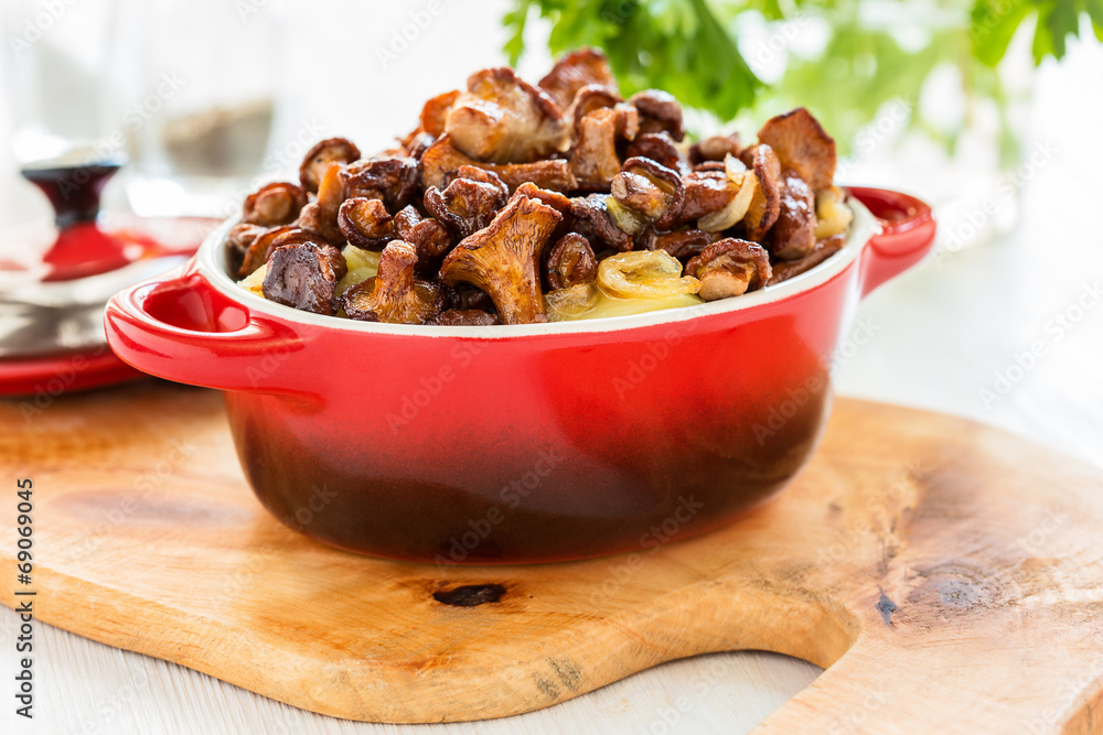 Chanterelle mushrooms with boiled potatoes in a pot Chanterelle mushrooms with boiled potatoes in a pot