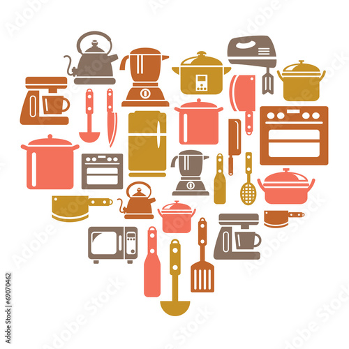 Kitchen Utensils and Appliances Icons in Heart Shape