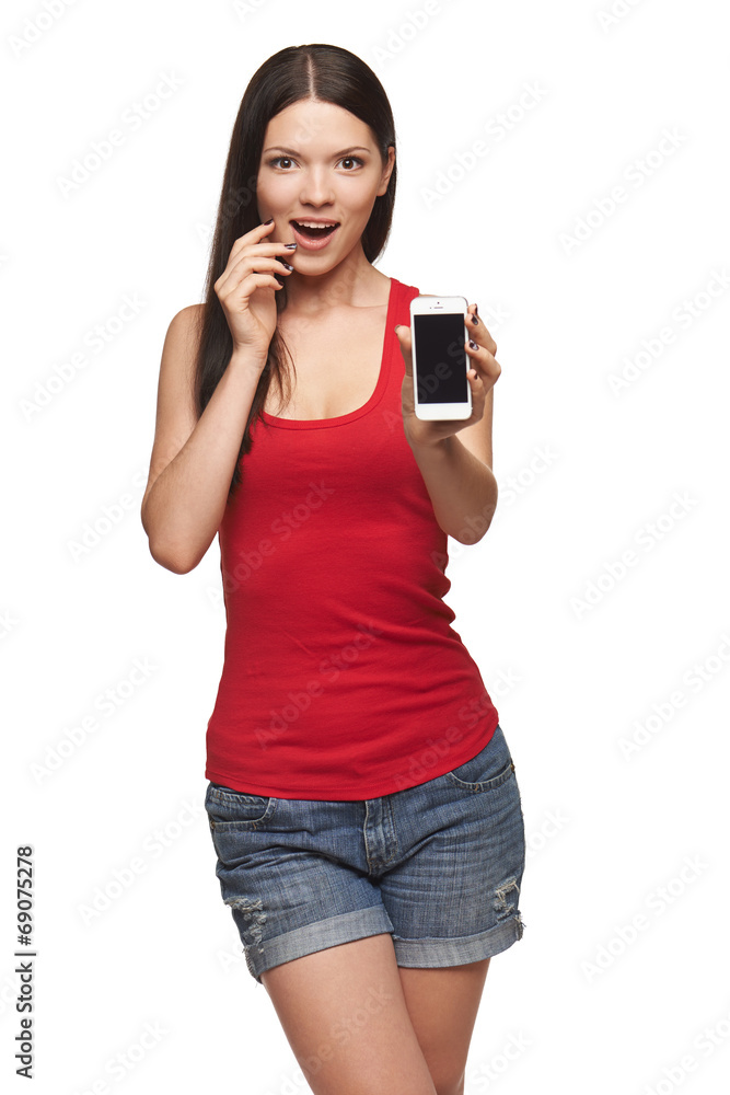 Excited surprised woman showing cell phone Excited surprised woman showing cell phone