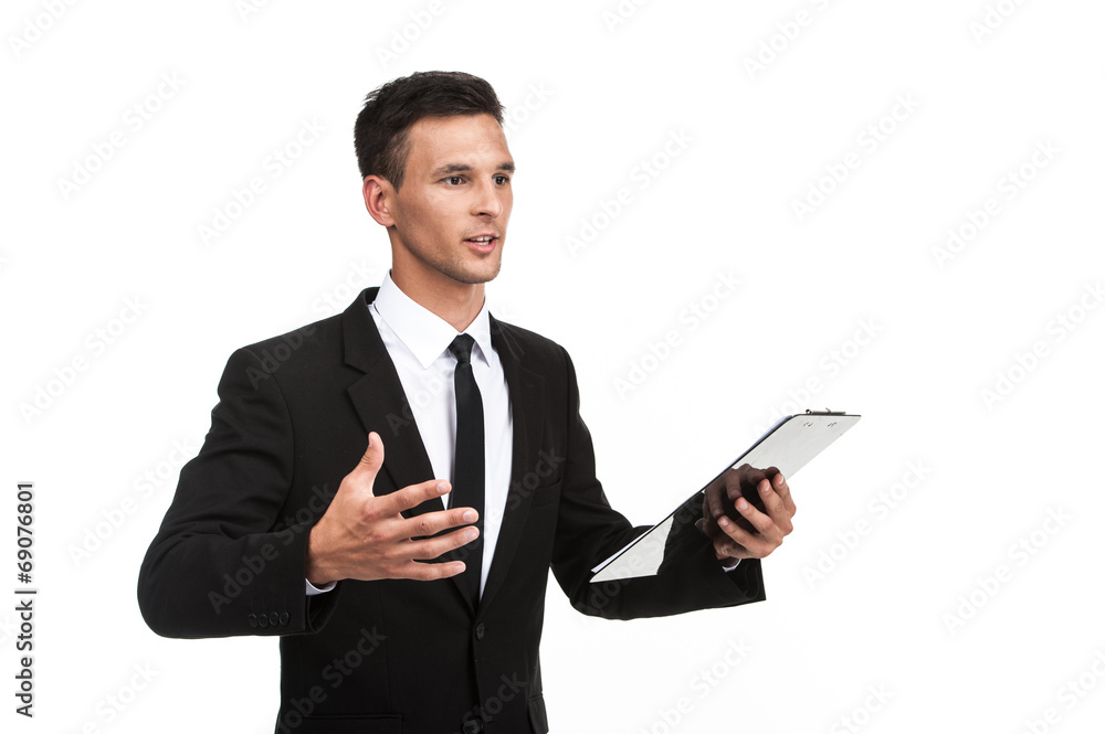 businessman holding clipboard on white background. businessman holding clipboard on white background.