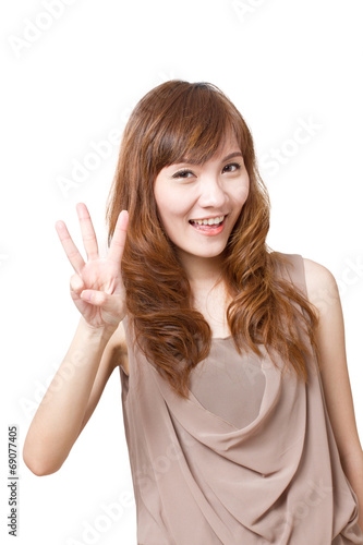 friendly, smiling, positive, happy woman showing 3 fingers