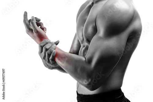 Young man with hand pain ,isolated on white background, monochro