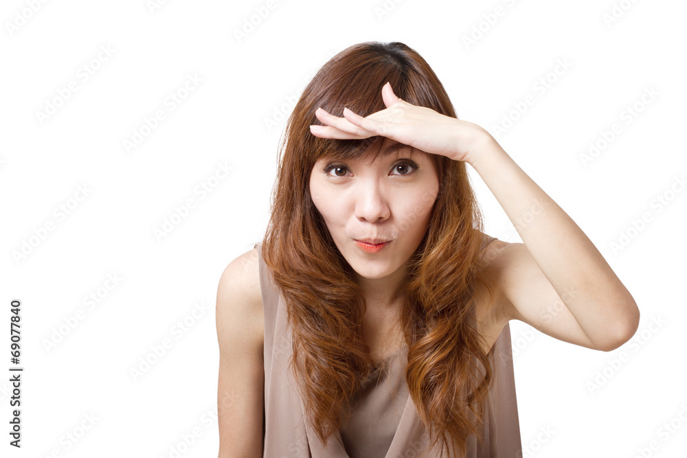 excited woman searching, looking to you, white isolated backgrou