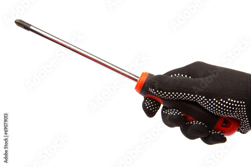Photo Hand with glove holding a screwdriver on white background.