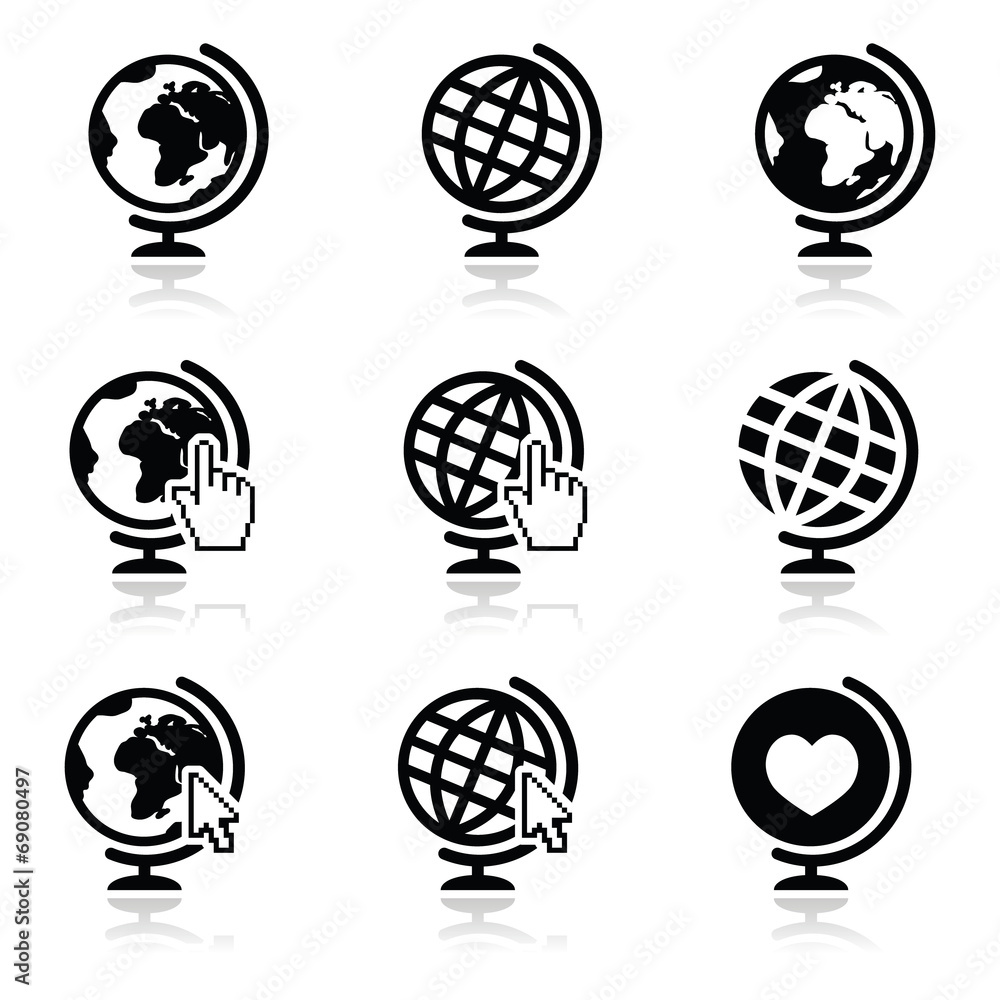 Globe earth vector icons with cursor hand and arrow Globe earth vector icons with cursor hand and arrow