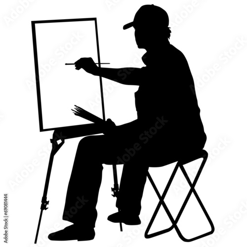 Silhouette, artist at work on a white background, vector illustr