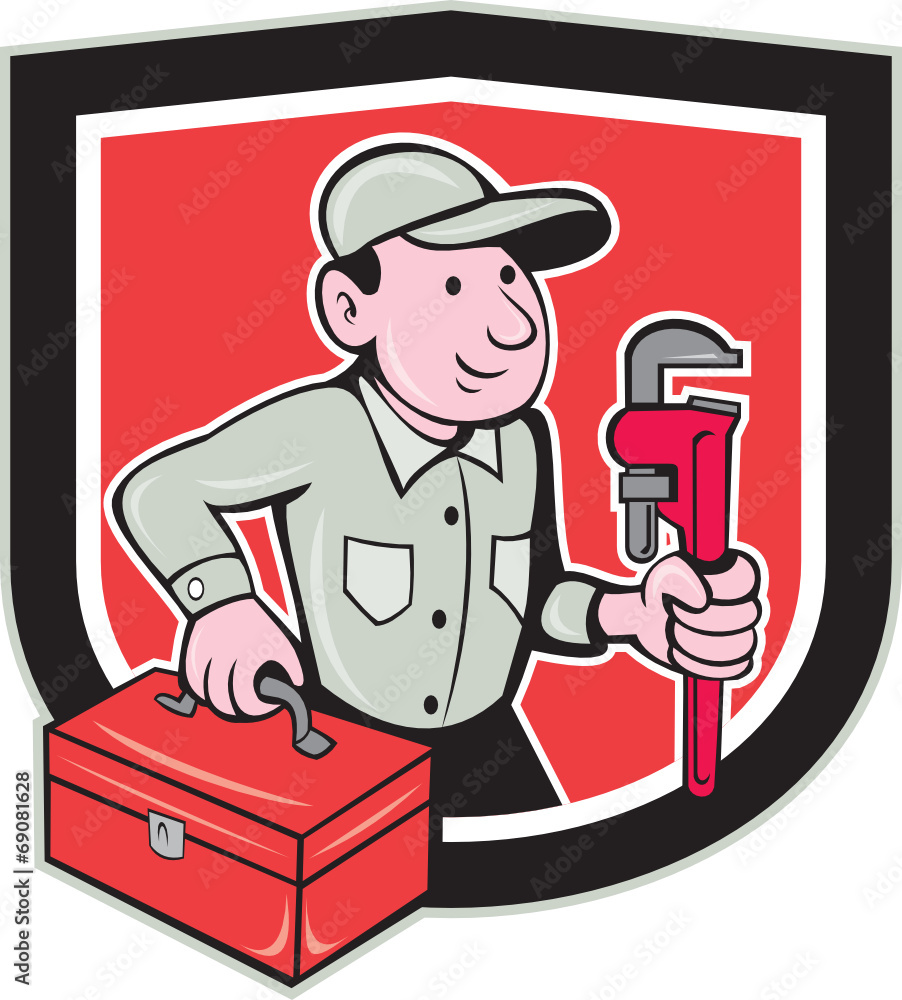 Plumber Toolbox Monkey Wrench Shield Cartoon Plumber Toolbox Monkey Wrench Shield Cartoon