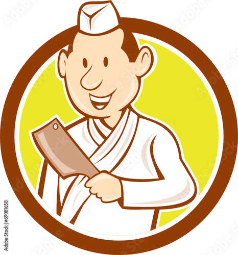 Japanese Chef Cook Meat Cleaver Circle Cartoon