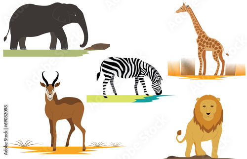 Fototapeta Naklejka Na Ścianę i Meble -  Africa Safari Animals Lion Elephant Giraffe Gazelle and Zebra