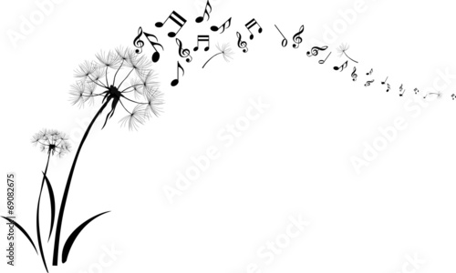 Fototapeta Naklejka Na Ścianę i Meble -  dandelions with note music flying on white background