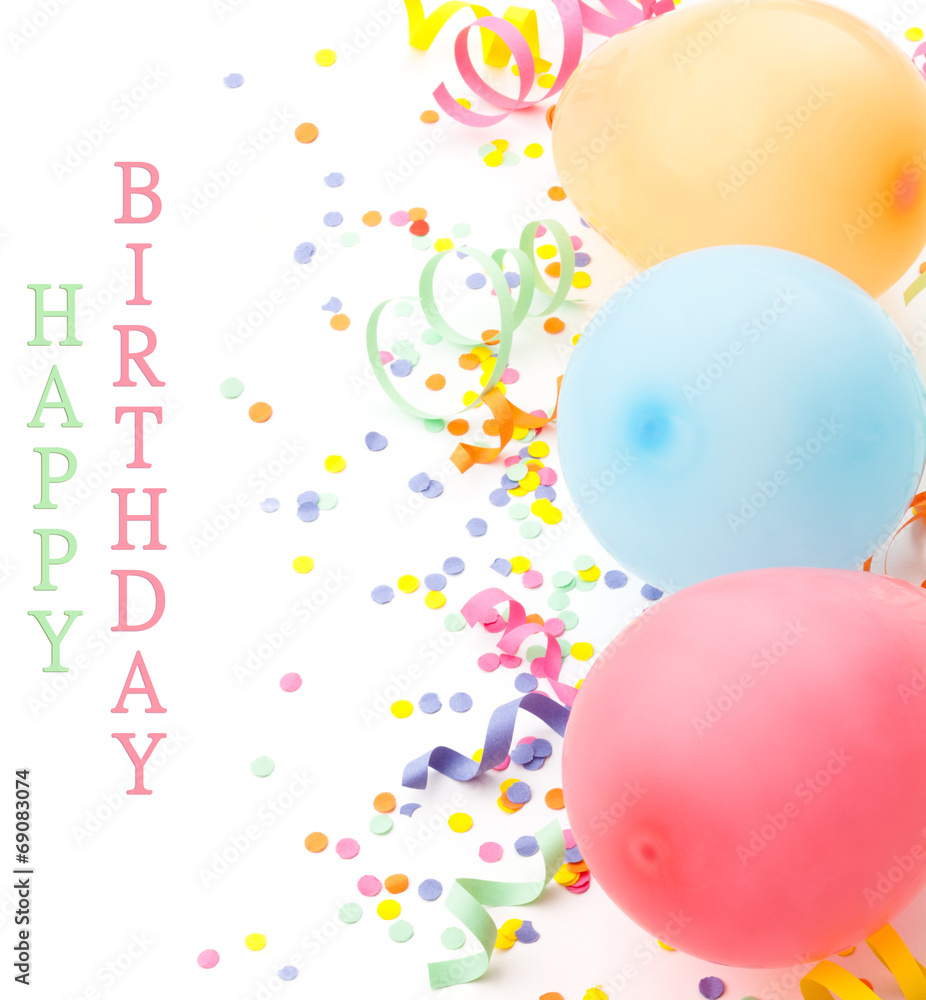 Birthday arrangement. Balloons and confetti isolated on white. - obrazy, fototapety, plakaty 