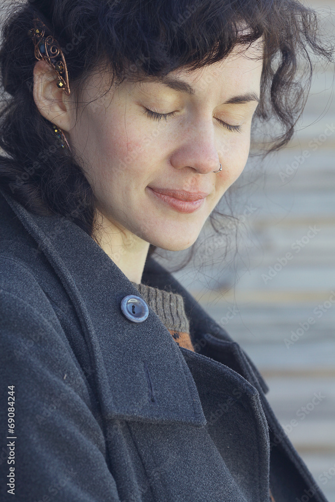 portrait of happy girl old wooden background eyes closed portrait of happy girl old wooden background eyes closed