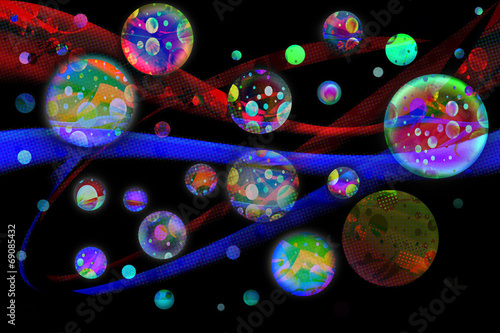 Galaxy. Many colored spheres like planets in universe.