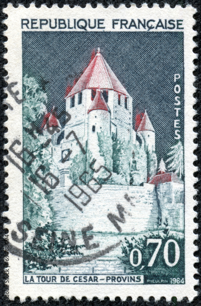 stamp printed by FRANCE shows view of the Caesar Tower