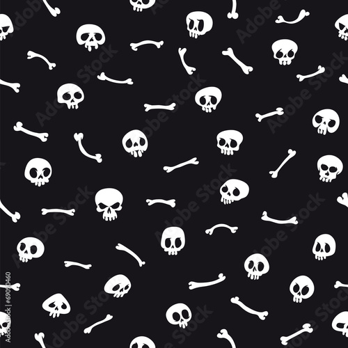 White Cartoon Skulls on Black Background Seamless Pattern