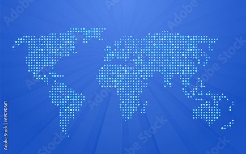 world map made ​​up of small polka dots on blue background with 