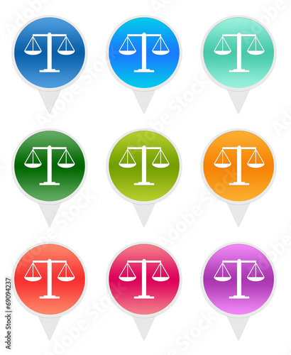 Colorful rounded icons for markers on maps with legal symbol