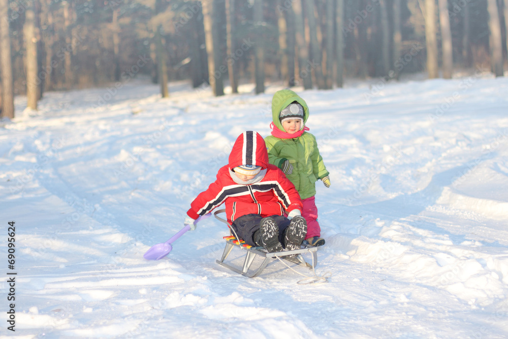 Children play on a sled in the snow