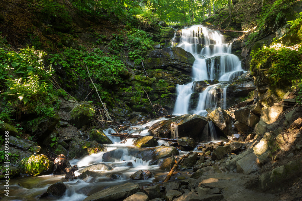 Fototapeta premium beautiful waterfall comes out of a huge rock in the forest