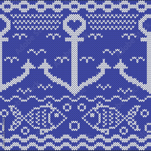 Knitted seamless pattern with anchors and fishes