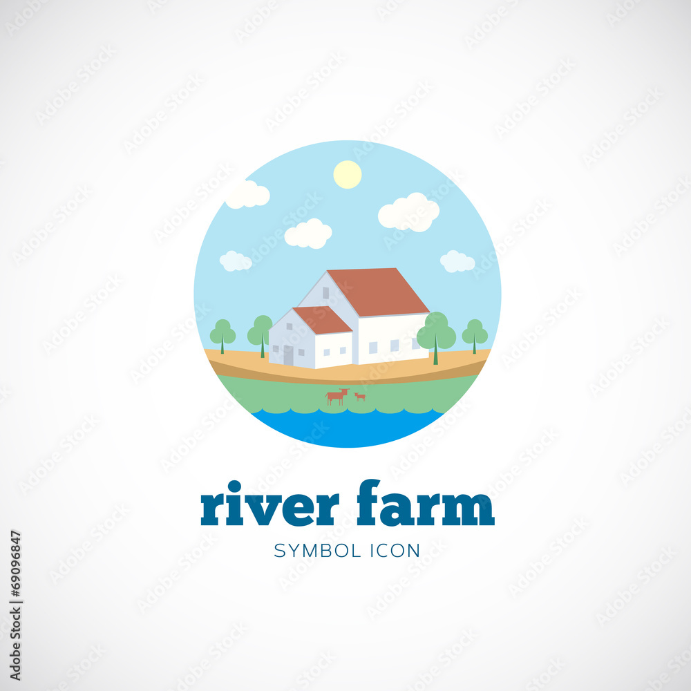 Eco River Farm Flat Style Vector Concept Symbol Icon or Logo