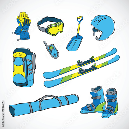 Handdrawn Vector Colorfull Ski Icon Set