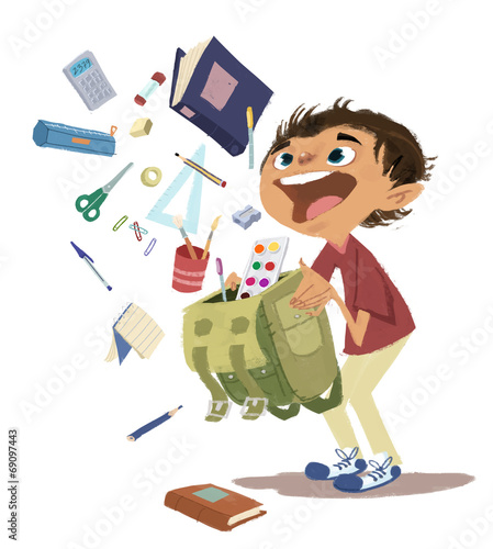 Niño sacando de la mochila el material escolar photo