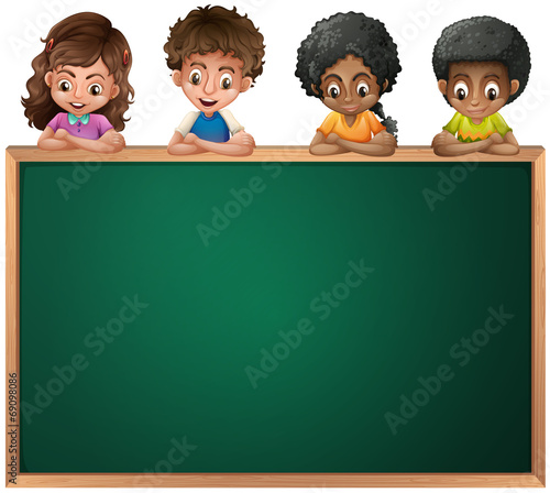 Kids leaning over the empty blackboard