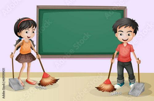 Kids cleaning near the empty board