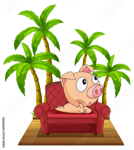 A pig sitting at the chair near the coconut trees