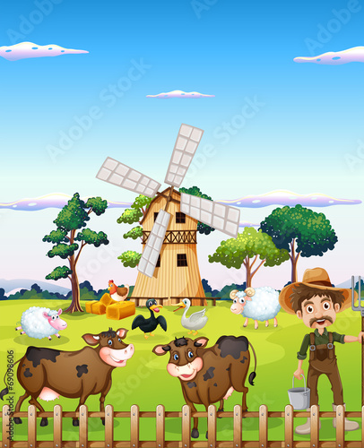 A farmer with the farm animals