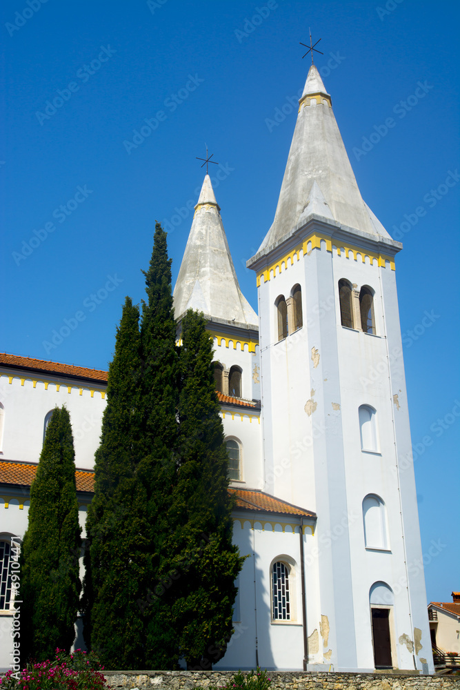 St. Agnes church with two bell towers in Medulin, Istria, Croati