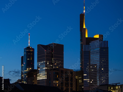 Skyline of business buildings at night