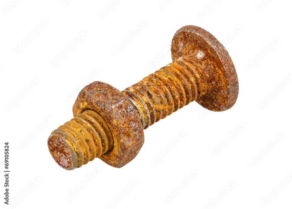 Close-up of rusty nut and bolt isolated on white background