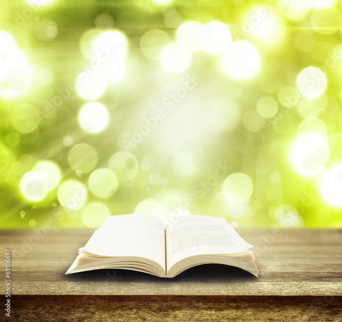 Open book on table. Spring background