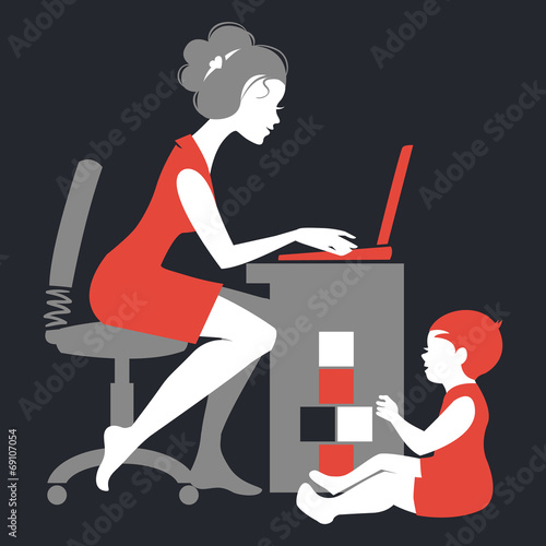 Beautiful silhouette of mother freelancer with notebook